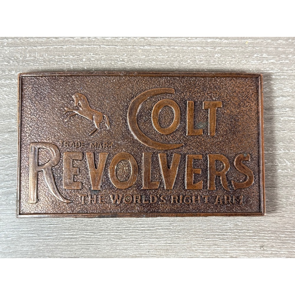 Vintage Colt Revolvers Belt Buckle Bronze Tone The Worlds Right Arm Horse Logo